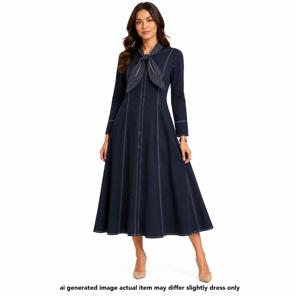H&M TieNeck Maxi Shirt Dress Women L Black Long Sleeve Button Down Dark Academia